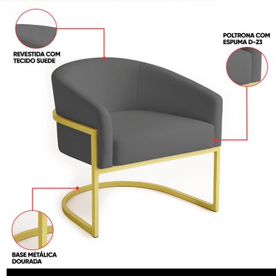 Poltrona Sala Decorativa Industrial Dourada Kit 2 Arielle Suede Grafite D03 - D'Rossi