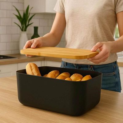 Conjunto Boleira com Cúpula e Pé Tábua Migalheira Porta Pães com Tampa Preto Plástico Bambu Ou