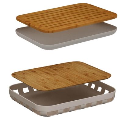 Kit Tábua Migalheira 33x23cm Porta Pão e Bandeja para Servir 35x29cm Retangular Bambu Ou