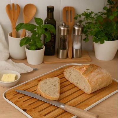 Kit Tábua Migalheira 33x23cm Porta Pão e Bandeja para Servir 35x29cm Retangular Bambu Ou