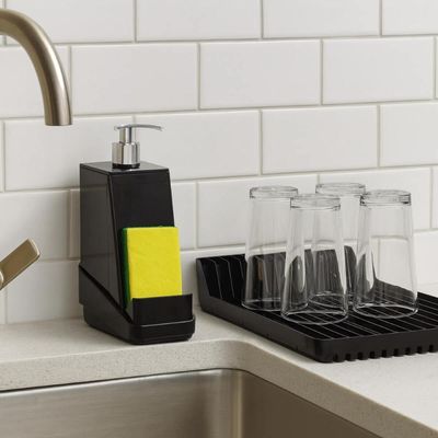 Kit Pia Escorredor de Louças Pratos e Dispenser Detergente com Porta Esponja 500ml Preto Crippa