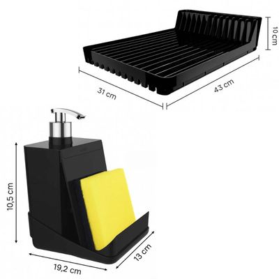 Kit Pia Escorredor de Louças Pratos e Dispenser Detergente com Porta Esponja 500ml Preto Crippa