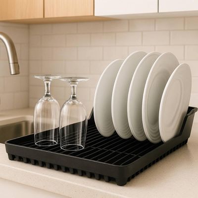 Kit Pia Escorredor de Louças Pratos e Dispenser Detergente com Porta Esponja 500ml Preto Crippa