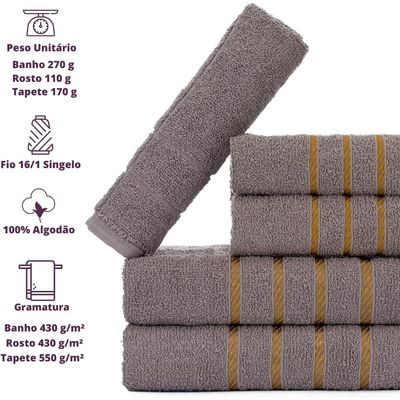Jogo 5pçs 2 Banho + 2 Rosto + 1 Tapete P/Banheiro 100% Algodão Alta Absorção - Cinza