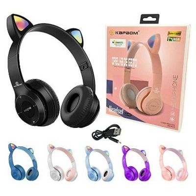 Fone De Ouvido Bluetooth Headset Com Orelha de Gatinho LED Preto