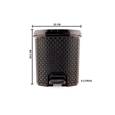 Kit 2 Lixeiras Rattan C/ Tampa Abertura Pedal Plástico Capacidade de 6 Litros Para Cozinha Escritório Preto