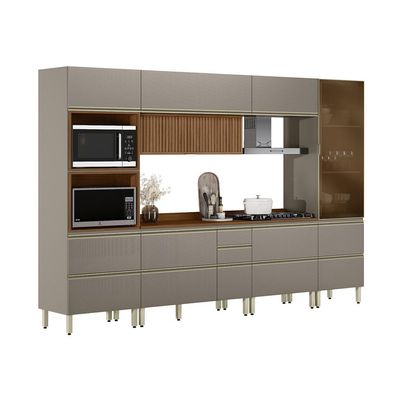 Armário de Cozinha Compacta com Vidro Reflecta Proença Ripado 8 Portas 8 Gavetas Nude e Nogueira