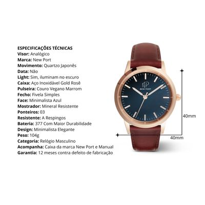 Relógio Masculino Casual Rosê Pulseira Couro New Port
