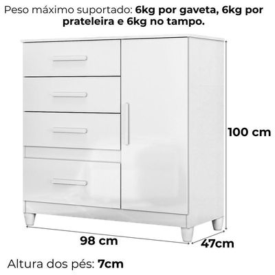 Comoda Venus 4 Gavetas 1 Porta Com Pes 98 Cm Branco Flex Moval Branco Flex