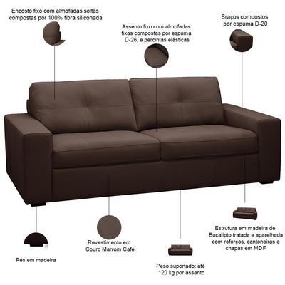 Sofá 3 Lugares Para Sala de Estar Living 235cm Vienne L06 Couro Marrom Café - Lyam Decor