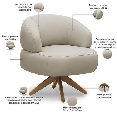 Kit 02 Poltronas Decorativas Giratória Orgânica Sala Living Zadok L06 Couro Cinza Claro - Lyam Decor