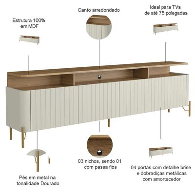 Rack Sala Com Painel Para TV 75 Pol 4 Portas Brise 220cm Pés Dourado Clio I03 Louro Luna - Lyam