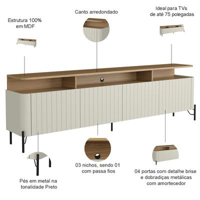 Rack Sala Com Painel Para TV 75 Pol 4 Portas Brise 220cm Pés Preto Clio I03 Louro Luna - Lyam