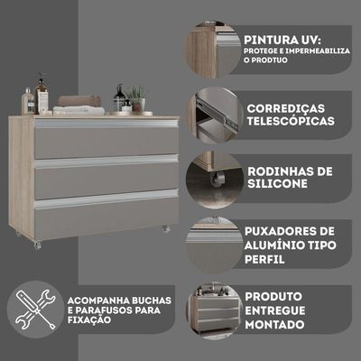 Gabinete Banheiro Rodinhas Joia 80cm 03 Gavetas Madeirado Cinza