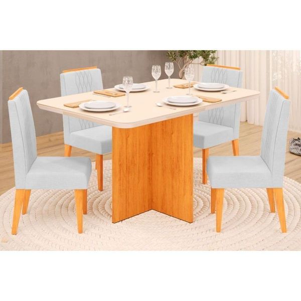 Sala De Jantar Completa Hera Tampo Madeirado C- Vidro Reto 120x90cm E 4 Cadeiras Lia Cedro-off White - Linho Neve - Dj Móveis