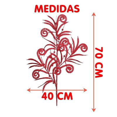 Plantas Folhas Enfeite Natal Gliter Vermelho 70cm Kit 12pçs