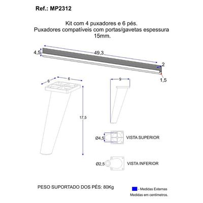 Kit 4 Puxadores Com 6 Pés Palito Retrô Para Balcão Cozinha 150cm Veneza Multimóveis Mp2312 Branco Branco