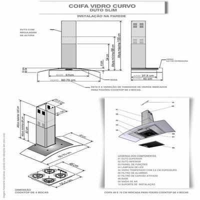 Coifa De Parede 70cm Vidro Curvo Duto Slim Fogatti Inox 220V