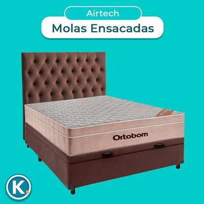 Conjunto Cama Box Bau Marrom Casal + Colchão Molas Ensacadas Airtech Ortobom + Cabeceira