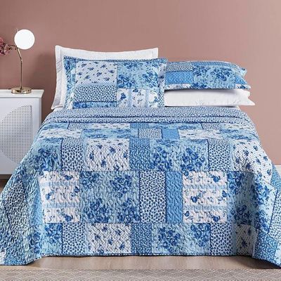 Colcha King Bouti Estampada Dupla Face 3 Peças - Azul Sereno