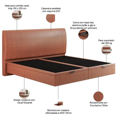 Cama King Baú Flutuante Com Cabeceira 195cm Spazio S04 Couríssimo Telha - Lyam Decor