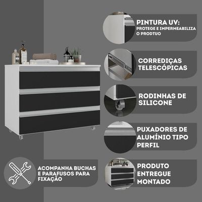 Gabinete Banheiro Rodinhas Joia 80cm 03 Gavetas Branco Preto