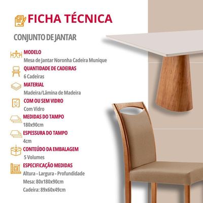 Mesa Noronha 180cm Tampo Com Vidro Laqueado Com 6 Cadeiras Linho Palha Imbuia Natural Off White