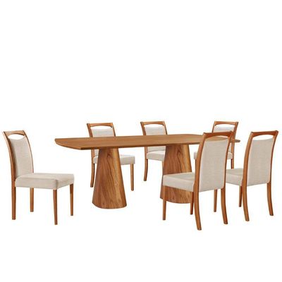 Mesa Noronha 180cm Tampo Laminado Barril Com 6 Cadeiras Livi Linho Off Imbuia Natural