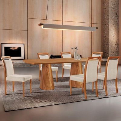 Mesa Noronha 180cm Tampo Laminado Barril Com 6 Cadeiras Livi Linho Off Imbuia Natural