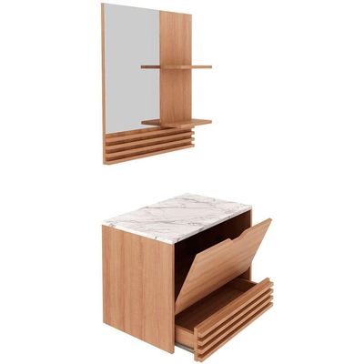 Kit Gabinete E Espelheira De Banheiro 60 Cm Sâmia Amêndoa/mármore Branco