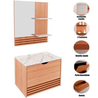 Kit Gabinete E Espelheira De Banheiro 60 Cm Sâmia Amêndoa/mármore Branco