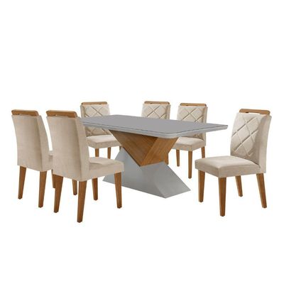 Mesa Sala De Jantar Aster 180cm E 6 Cadeiras Melissa Moderna Veludo Creme/off White/imbuia