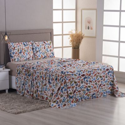 Jogo Cama Lençol Sonnet Queen Malha Estampada 100% Algodão 4 Peças - Borboletas - Bege