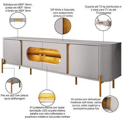 Rack Para Sala de Estar TV 75 Pol Orgânico Suy B02 Off White Naturalle - Lyam Decor