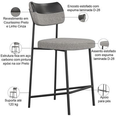 Kit 06 Banquetas Baixa Bar Cozinha Sala Jantar Preto Melina L02 Couríssimo Preto Linho Cinza - Lyam Decor