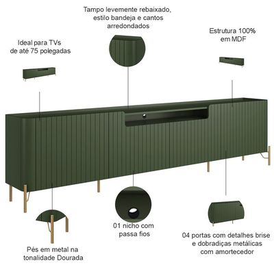 Rack Para Sala de Estar TV 75 Pol 4 Portas Brise Pés Industrial Dourado Alef I03 Musgo - Lyam Decor
