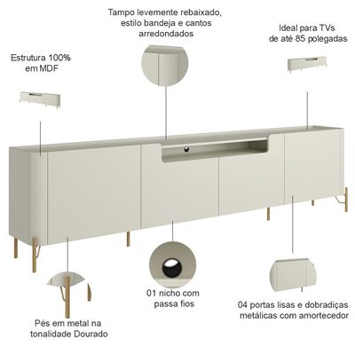 Rack Para Sala de Estar TV 85 Pol 4 Portas Pés Industrial Dourado Alef I03 Luna - Lyam Decor