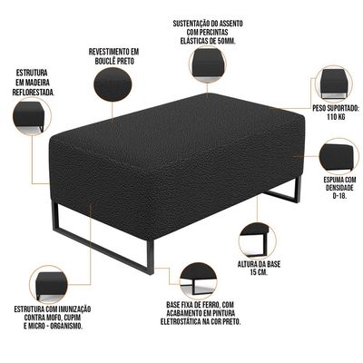 Puff Decorativo Sala De Estar Cléo 90cm Base De Ferro Preto W01 Bouclê Preto - Lyam Decor