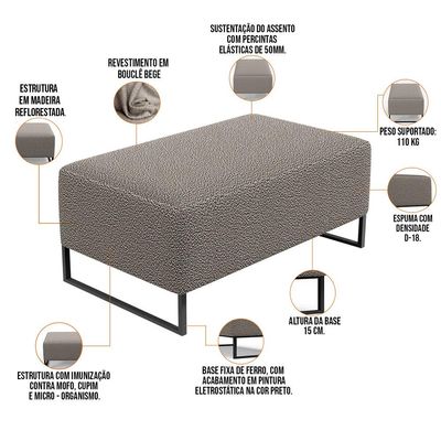 Puff Decorativo Sala De Estar Cléo 90cm Base De Ferro Preto W01 Bouclê Bege - Lyam Decor