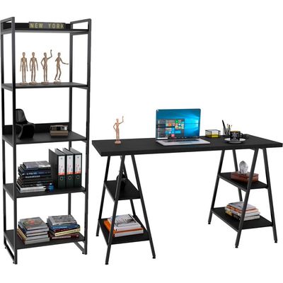 Kit Mesa Cavalete 135 cm com Estante 5 Prateleiras Estilo Industrial Form C01 Preto Onix - Lyam Decor
