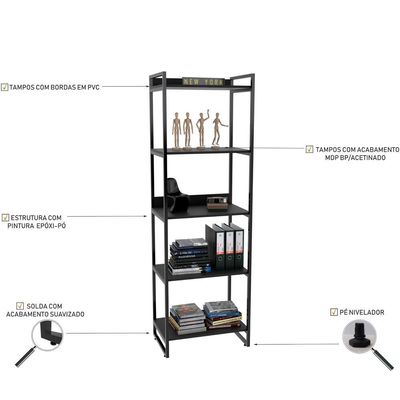 Kit Mesa Cavalete 135 cm com Estante 5 Prateleiras Estilo Industrial Form C01 Preto Onix - Lyam Decor