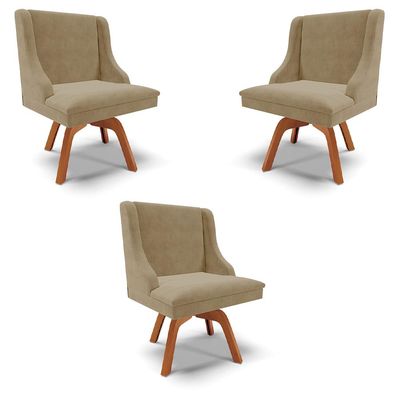 Kit 3 Cadeiras Decorativas Sala de Jantar Base Giratória de Madeira Firenze Suede Nude/Natural G19 - Gran Belo