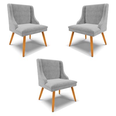 Kit 3 Cadeiras Decorativas Sala de Jantar Pés Palito de Madeira Firenze Suede Cinza/Natural G19 - Gran Belo