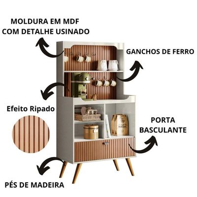 Cantinho Do Café Rubi - 1 Porta Basculante E Pés Em Madeira Off White Perolizado-tauari Ripado - Lukaliam Móveis Off White-tauari