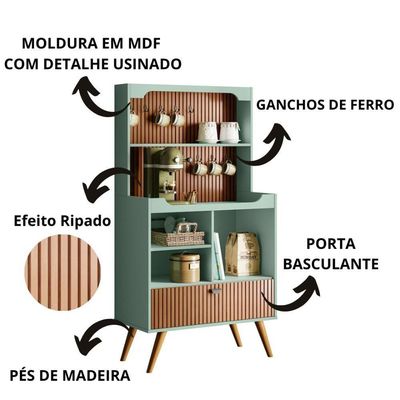 Cantinho Do Café Rubi - 1 Porta Basculante E Pés Em Madeira Menta-tauari Ripado - Lukaliam Móveis Menta-tauari Ripado