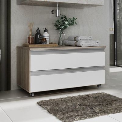 Gabinete Banheiro Rodinhas Joia 80cm 02 Gavetas Madeirado Branco