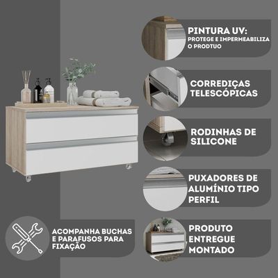 Gabinete Banheiro Rodinhas Joia 80cm 02 Gavetas Madeirado Branco