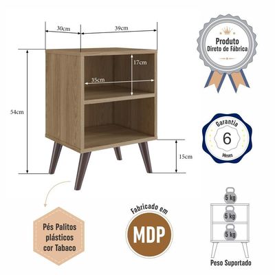 Kit 02 Mesa De Cabeceira Nicho 39cm Com Prateleira E Pés Palito Retrô Oak