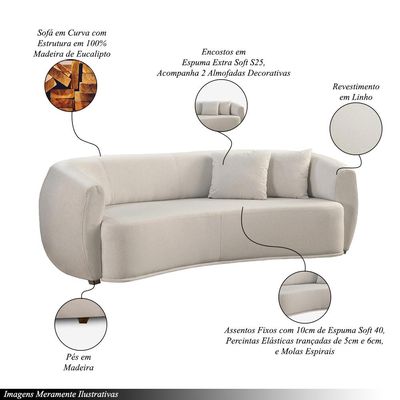 Sofá Decorativo Sala de Estar Curvo Esther 3 Lugares 210cm com Almofadas Linho Off White