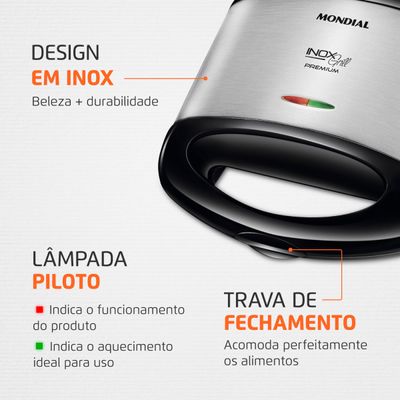 Grill e Sanduicheira Premium Mondial Preto e Inox 800W S-07 110